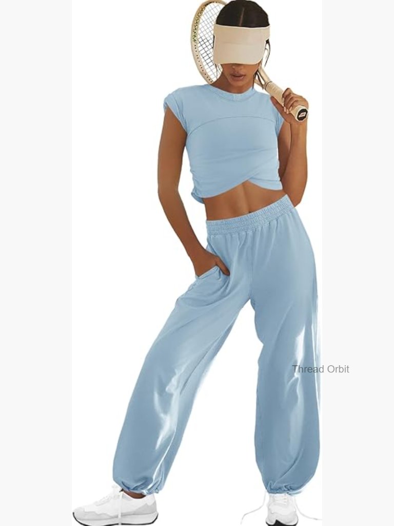 Cropped Muscle Tee & Wide Leg Pants Lounge Set, Cotton Blend, Size Xs